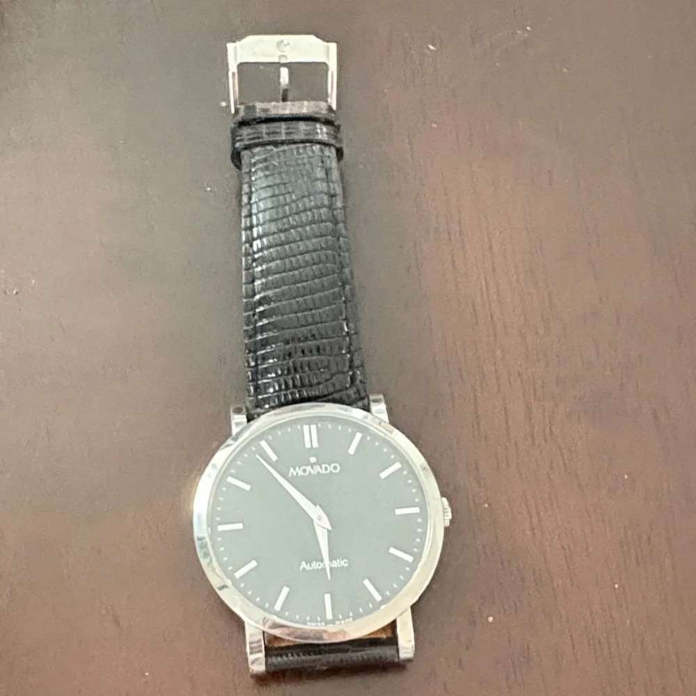 Movado Silver and Black Leather Watch - Picture 3 of 5